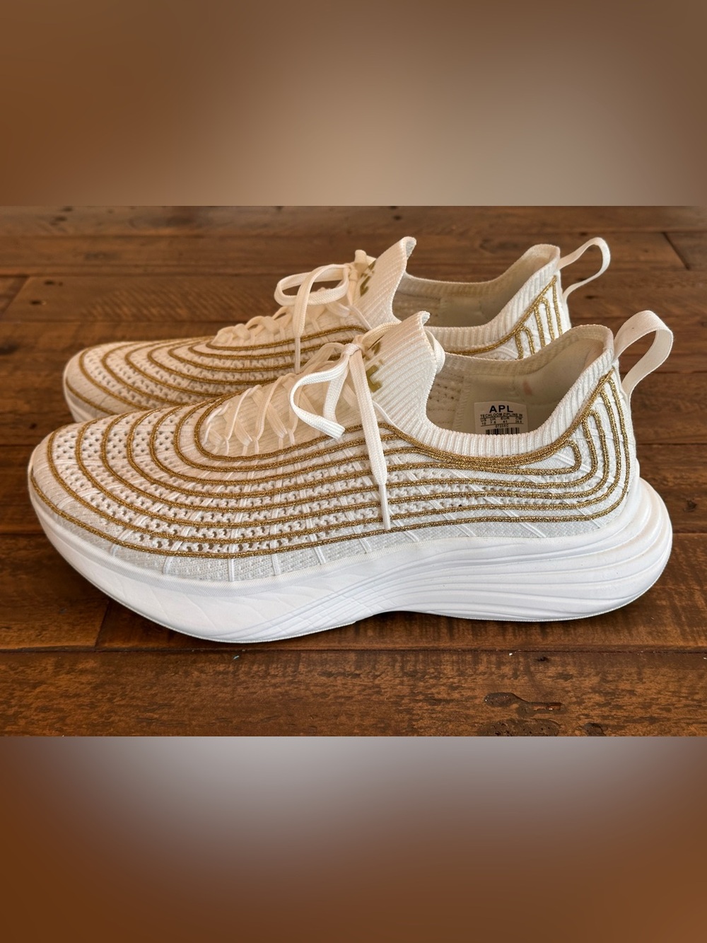 APL TechLoom Zipline White/Cream Gold Metallic Knit Running Shoes Womens Size 10